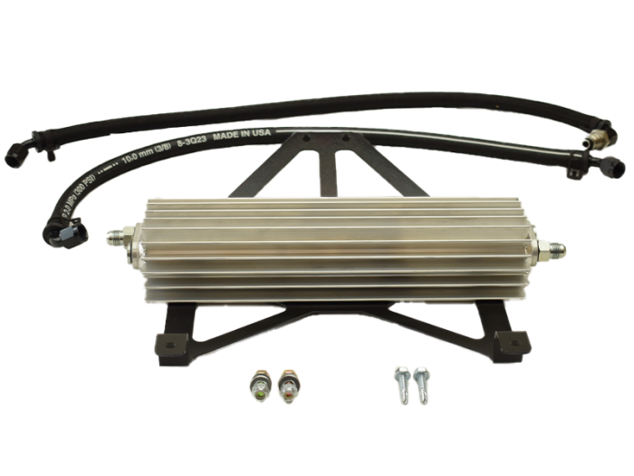 Power Steering Pump Fluid Cooler Kit with mount, hoses and hardware on a white background