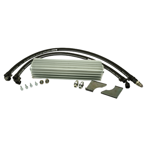 Steering Dual Pass Fluid Cooler Kit with hoses and metal components on a white background