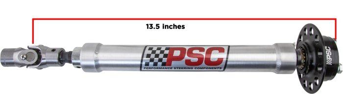 PSC performance Aluminum XR Series Steering Column with measurement label on a white background