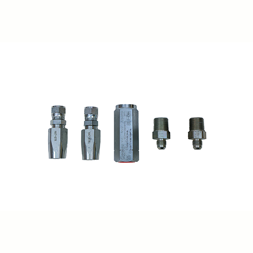 Before assembly, One-Way In-Line Check Valve Kit featuring a silver hydraulic valve assembly kit showing engraving on a white background. 