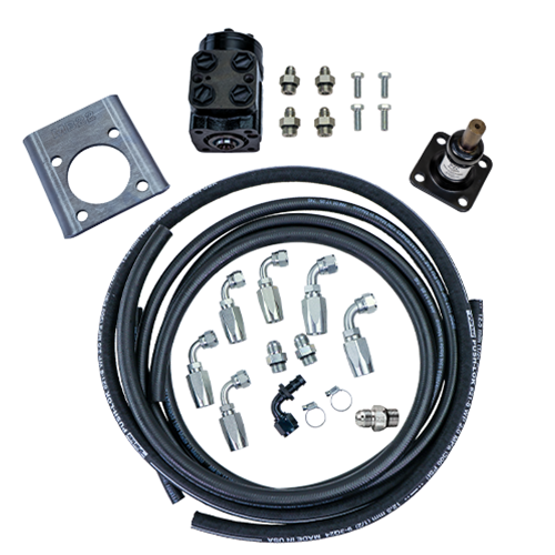PSC full hydraulic accessory kit for single end steering cylinder with hoses, fittings, orbital, mount and steering stem on a white background. FHA125-B-SE