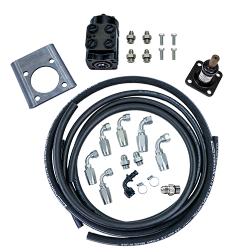 PSC full hydraulic accessory kit for single end steering cylinder with hoses, fittings, orbital, mount and steering stem on a white background. FHA160-B-SE