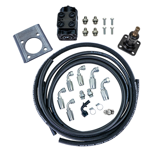 PSC full hydraulic accessory kit for single end steering cylinder with hoses, fittings, bolts, nuts, steering column, orbital, mount and steering stem on a white background. FHA160-S-SE