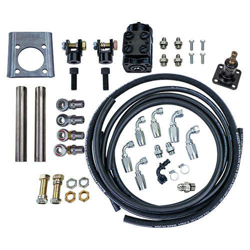 PSC full hydraulic accessory kit with tie rod ends, hoses, fittings, bolts, nuts, clevis ends, steering column, orbital, mount and steering stem on a white background. FHA160-S