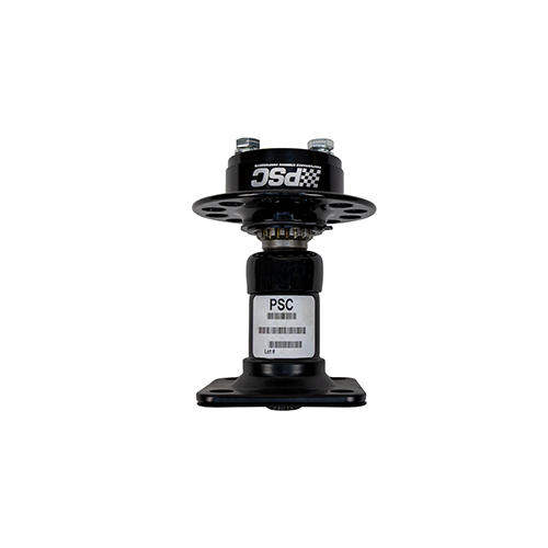 Black steering column with quick release component with 'PSC' branding on a white background. 