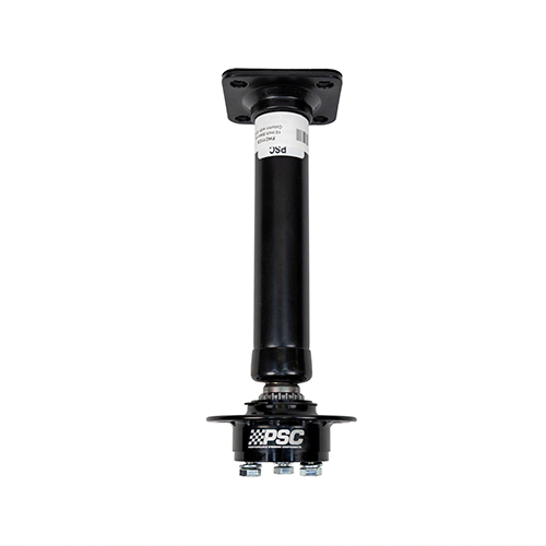 Black metal quick release installed on a steering column with PSC branding on a white background. 