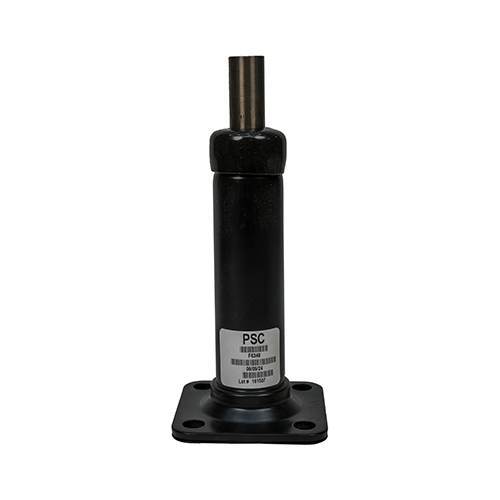 Black cylindrical PSC 8-inch steering column (with a label) with smooth upper shaft and four-bolt mounting plate on white background.