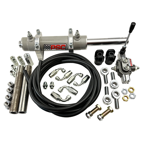 Full-hydro kit for PSC with grey PSC cylinder, hoses, clevis ends, fittings, tie rod ends, mounts and hardware.  