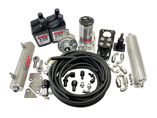 Collection of steering parts including hoses, fittings, reservoir, 4 black bottles of PSC 715, a black orbital, rounded silver pump, mounts, cooler, PSC branded cylinder and hardware on a white background.