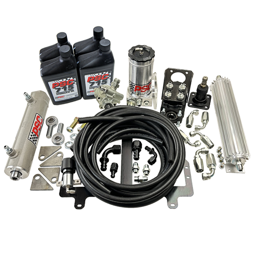 PSC full hydraulic steering kit including hoses, fittings, reservoir, 4 black bottles of PSC 715, a black orbital, rounded silver pump, mounts, cooler, PSC branded cylinder and hardware on a white background. FHK200TC