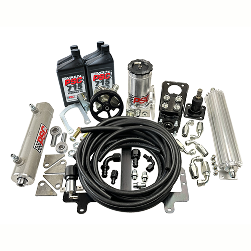 Automotive parts kit including hoses, connectors, and metal components on a white background