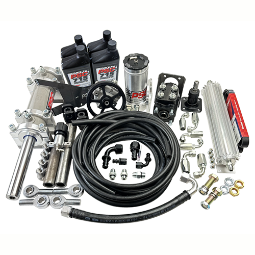 Full hydraulic steering kit with a double-ended PSC brand cylinder, four PSC 715 bottles, a PSC reservoir, black orbital, silver cooler, belt, clevis ends, hoses, fittings and hardware in front of a white background. 