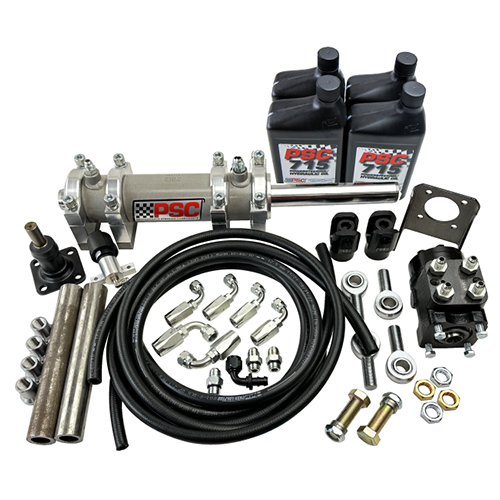 Full hydraulic steering kit including steering cylinder, PSC 715, tie rod ends, clevis ends, an orbital, steering column, hose with fittings, hardware and mounting brackets. 