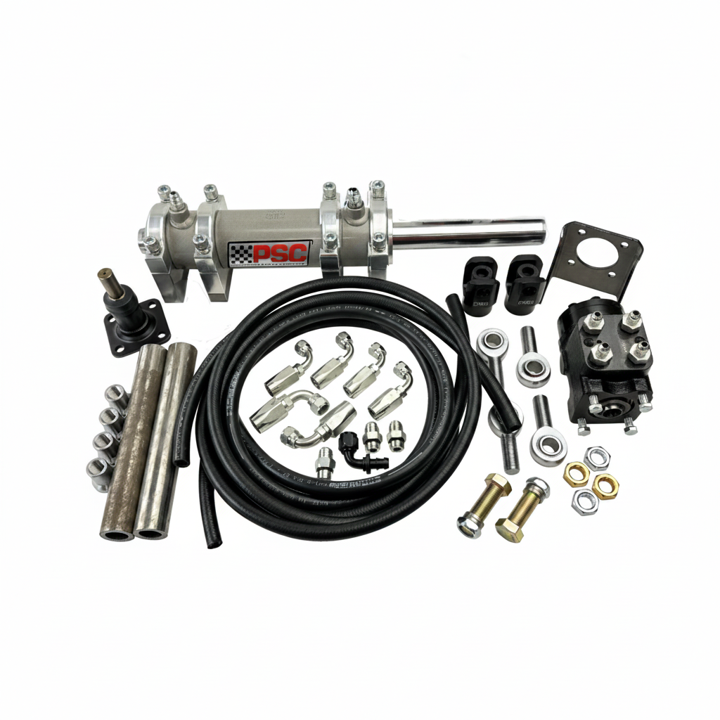 PSC hydraulic power steering kit with a metal power steering pump, black hose, mounting hardware, and fittings on a white background.