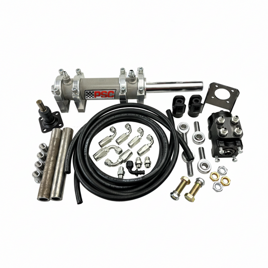 PSC hydraulic power steering kit with a metal power steering pump, black hose, mounting hardware, and fittings on a white background.