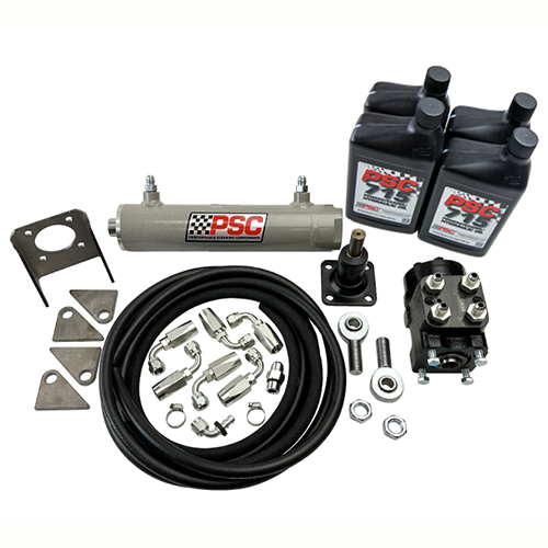 Full Hydraulic kit with a single-ended cylinder, hose, fittings, orbital, mounts and four PSC 715 hydraulic oil bottles on a white background.