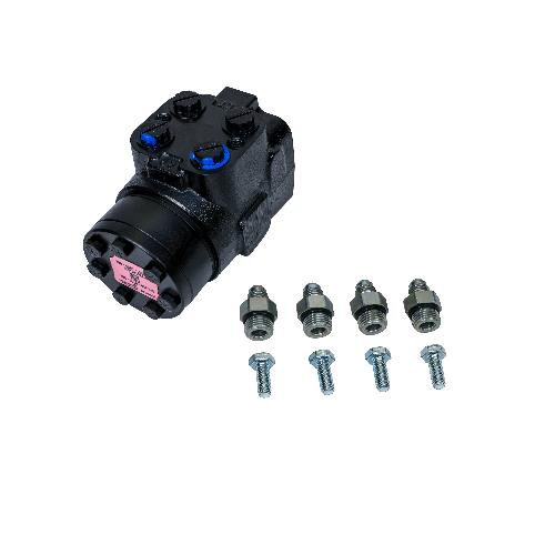 Black hydraulic orbital steering control valve shown on a white background at an angled view, with four capped ports and a pink identification label, accompanied by four silver fittings and four mounting bolts arranged below.