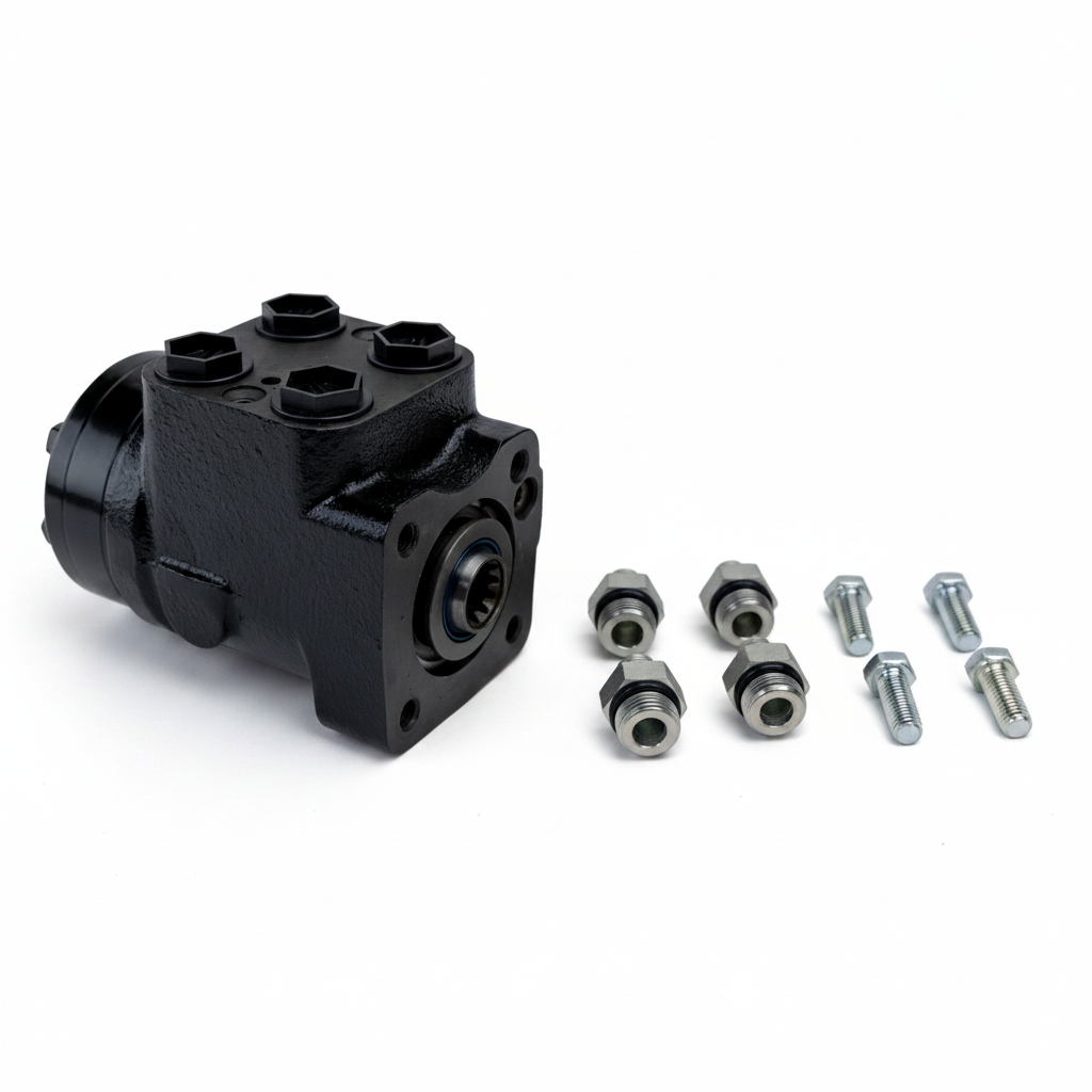 Black hydraulic orbital steering control valve displayed on a white background, showing the front spline shaft and four capped ports on top, with four hydraulic fittings and four mounting bolts arranged beside it.