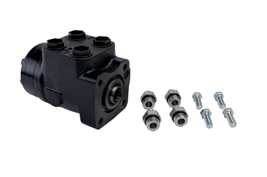 Black hydraulic orbital steering control valve displayed on a white background, showing the front spline shaft and four capped ports on top, with four hydraulic fittings and four mounting bolts arranged beside it.