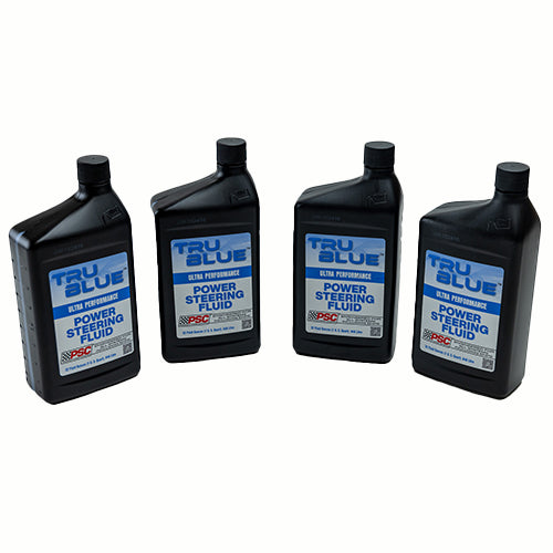 A four pack of PSC 8061 TRU BLUE Ultra Performance Power Steering Fluid, featuring one-quart black plastic bottle with blue and white label featuring the PSC logo and engineered-for-all-systems designation and a white background.