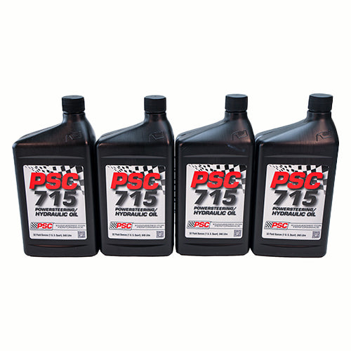 Four one-quart bottles of PSC 715 Power Steering and Hydraulic Oil arranged in a row, featuring black containers with red and gray PSC labels and checkered flag design.