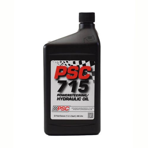 PSC 715 Power Steering and Hydraulic Oil, one-quart black plastic bottle with red and black label featuring the PSC Motorsports logo and checkered flag design, designed for high-performance steering systems.