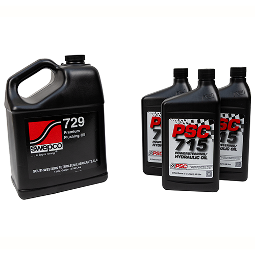 A black gallon of PSC 729 flushing oil and three black bottles of PSC 715 hydraulic oil with a white background.