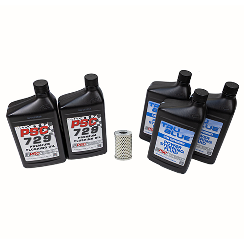 Two quart bottles of PSC 729 flushing oil and three black bottles of PSC 8061 power steering fluid and a silver filter with a white background.
