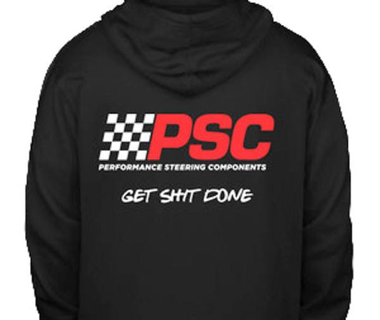 The back of a black zipper hoodie featuring the PSC logo with checkered flag and the text "GET SHIT DONE" under it on a white background. 