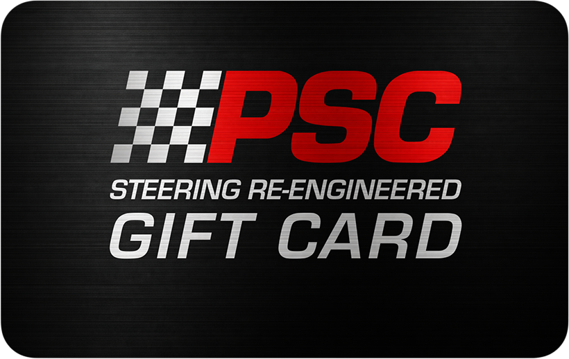 Black metallic gift card with PSC logo and text showing "Steering Re-Engineered" and "Gift Card" on a white background. 