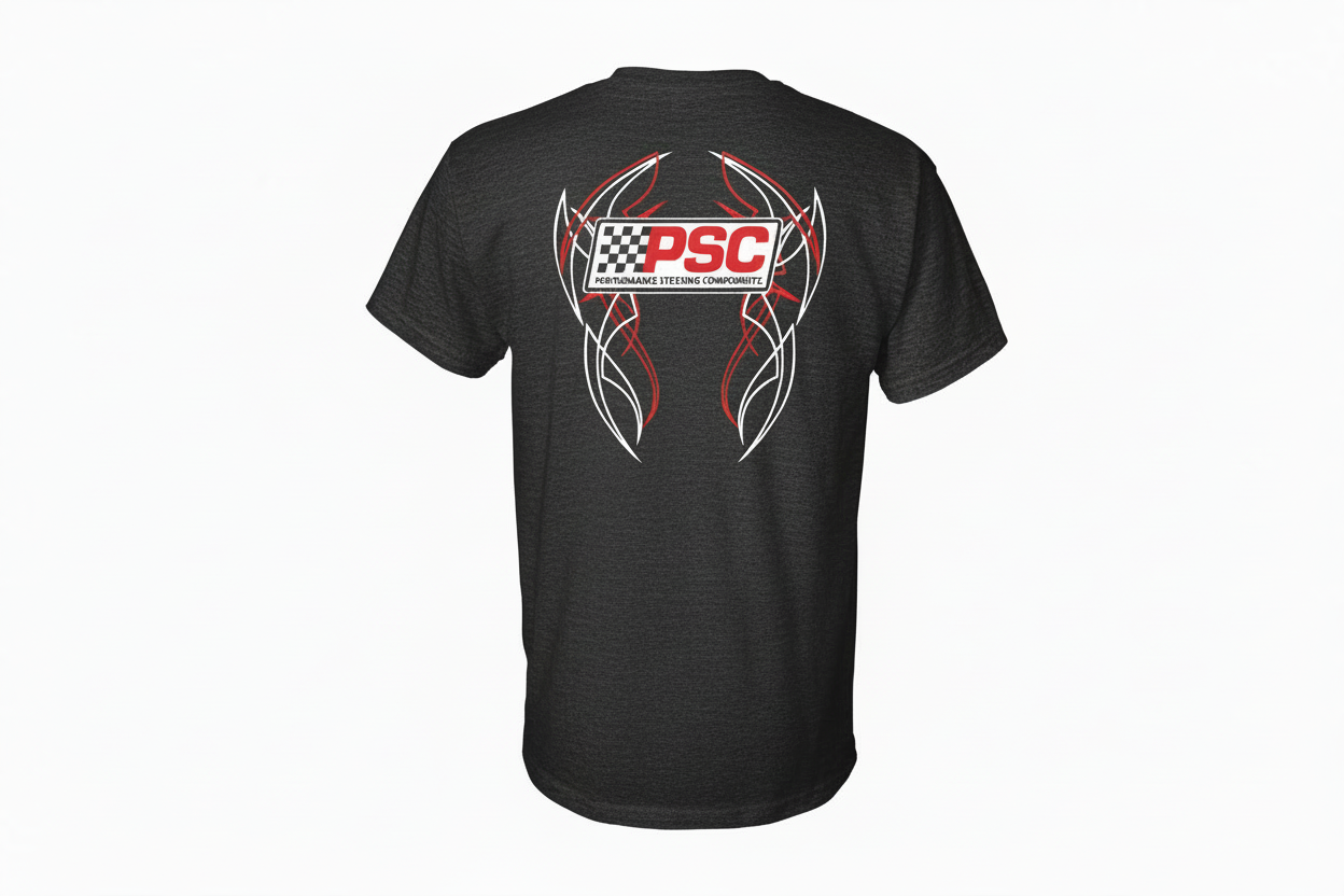 Gray t-shirt with PSC logo and design on the back against a white background