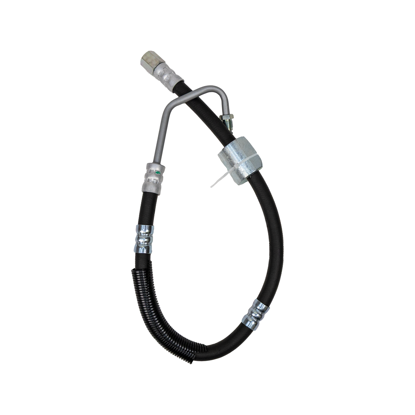 Black hydraulic hose with metal connectors on a white background