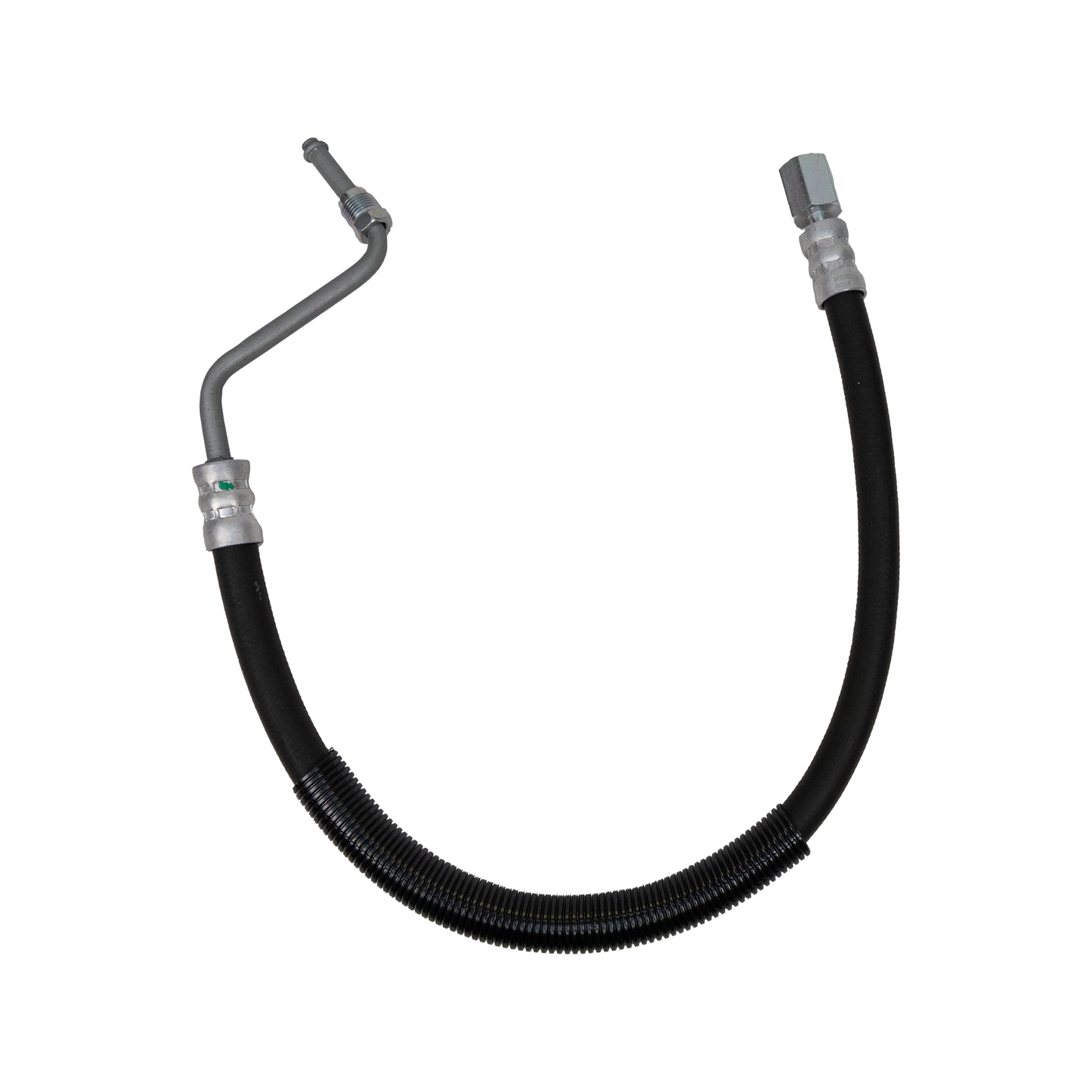 Black metal brake hose with silver connectors on a white background