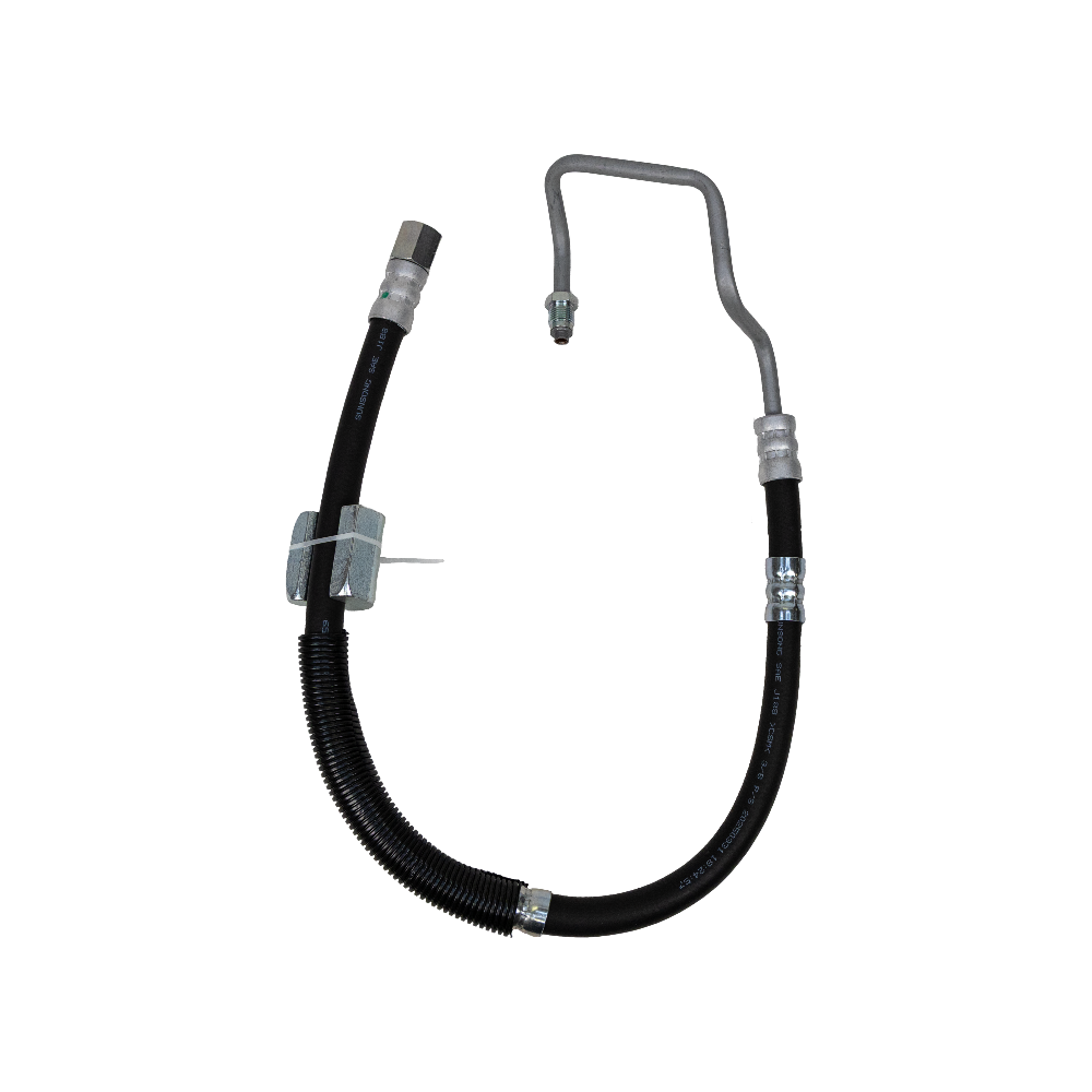 Black hydraulic brake hose with metal connectors on a white background