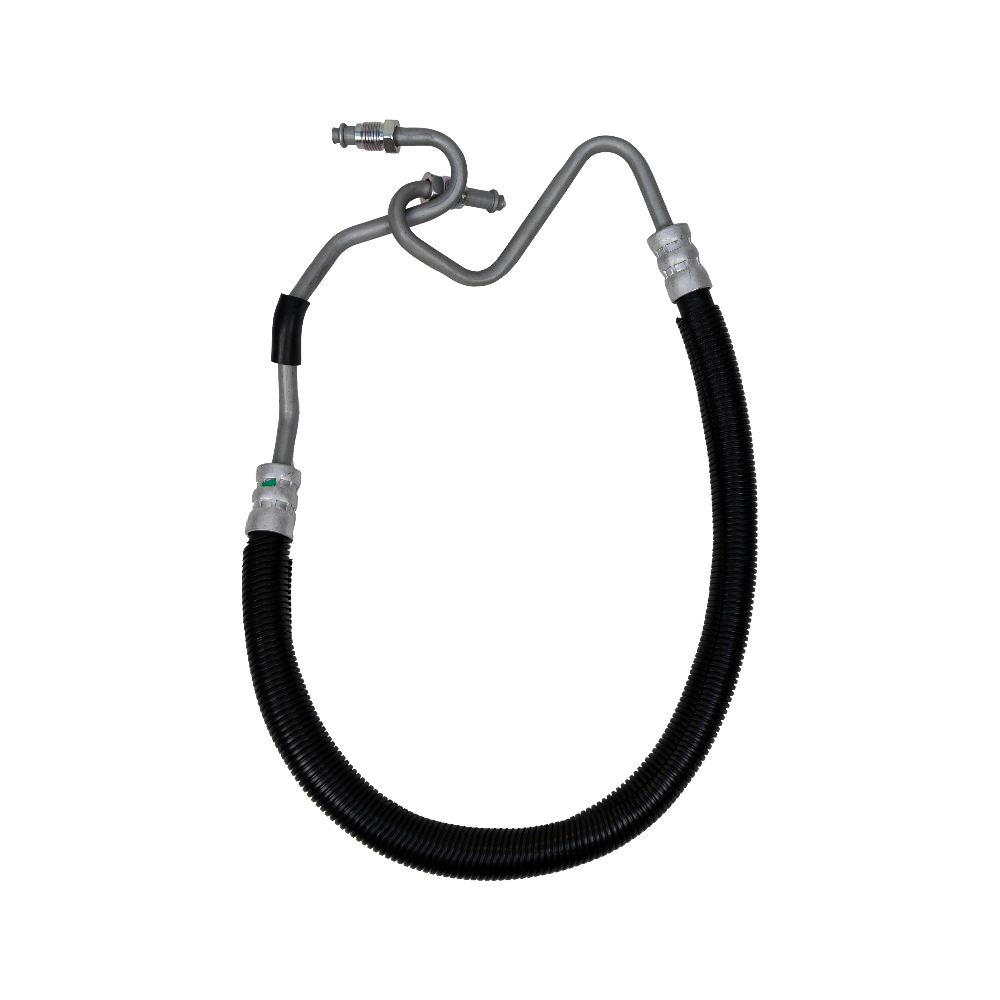 Black hydraulic hose with metal connectors on a white background