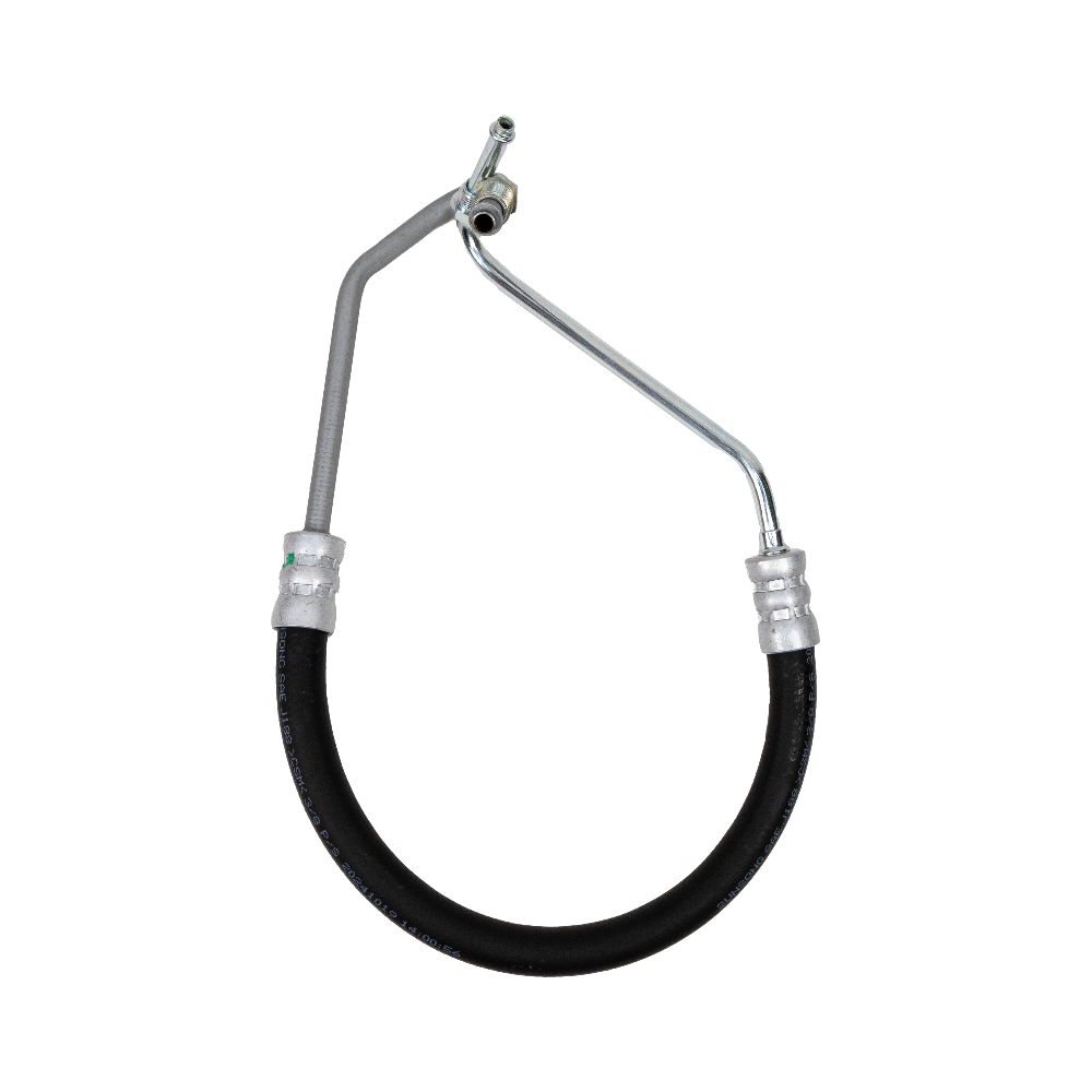 Black brake hose with metal connectors on a white background
