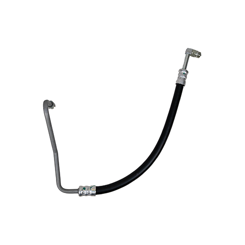 A power steering pressure hose with a long curved rubber section and angled metal tube designed to direct high-pressure hydraulic fluid between the steering pump and steering gear on select vehicles.