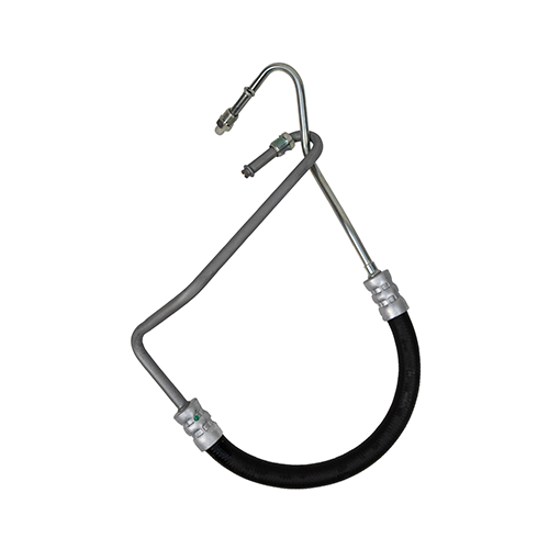 A power steering pressure hose assembly with a shaped metal hard line and curved rubber section designed to deliver high-pressure hydraulic fluid to the steering gear on specific vehicle applications.