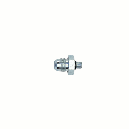 Single silver hydraulic adapter fitting displayed on a white background, featuring male threads on both ends with a hex center for tightening and secure fluid line connection.
