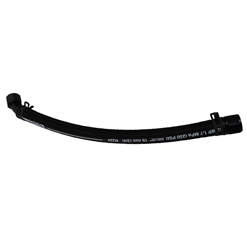 Black reservoir to power steering pump feed hose assembly with molded bends, protective sleeve and quick connect fittings used in PK40JP1 and PK40JP2 pump kits.