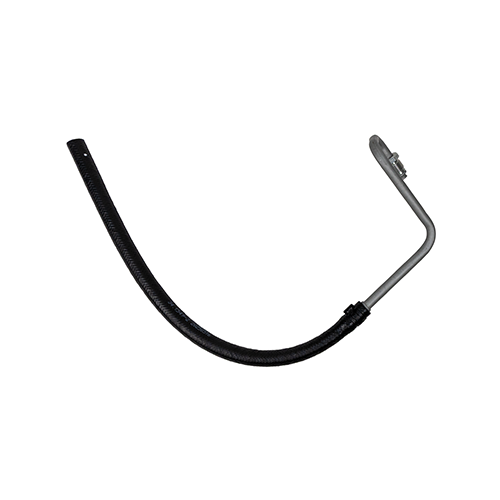 A power steering return hose with a long rubber section and a bent metal tube designed to route low-pressure fluid back to the reservoir on specific vehicle applications.