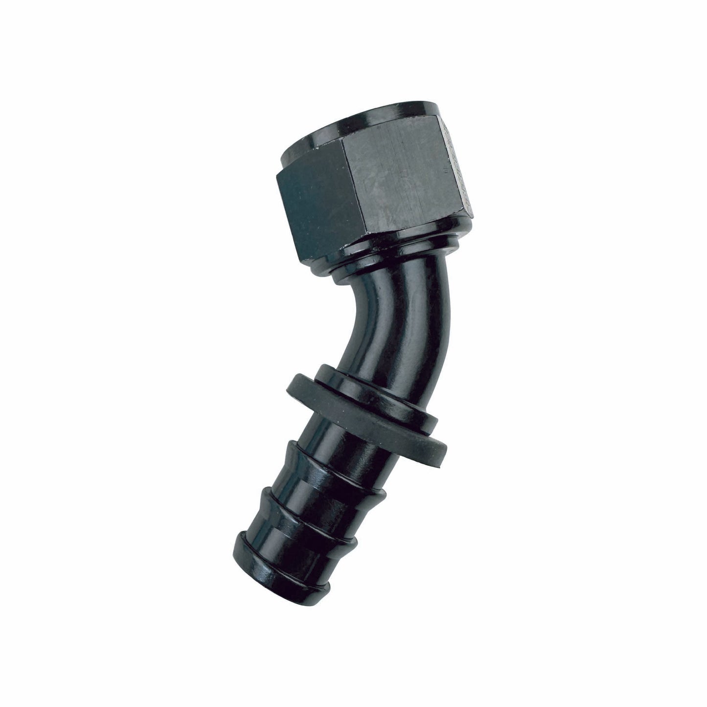 Black metal elbow fitting on a white background