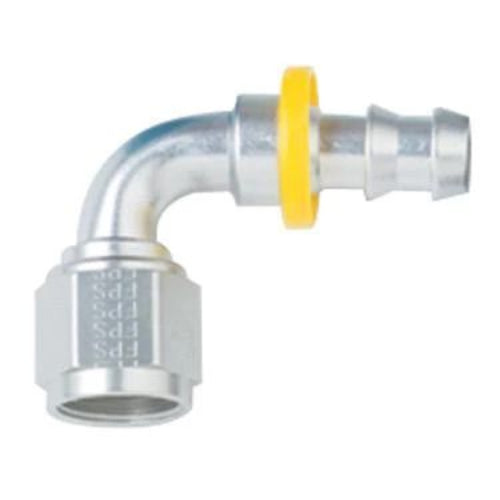Metal hose fitting with a yellow label on a white background