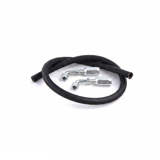 Black rubber hose with metal connectors on a white background