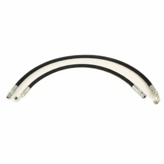 Curved metal hose with metallic connectors on a white background