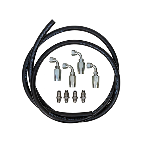 PSC universal hose kit with HA& 3/8" hose, 90 degree fittings and four silver fittings in front of a white background. 