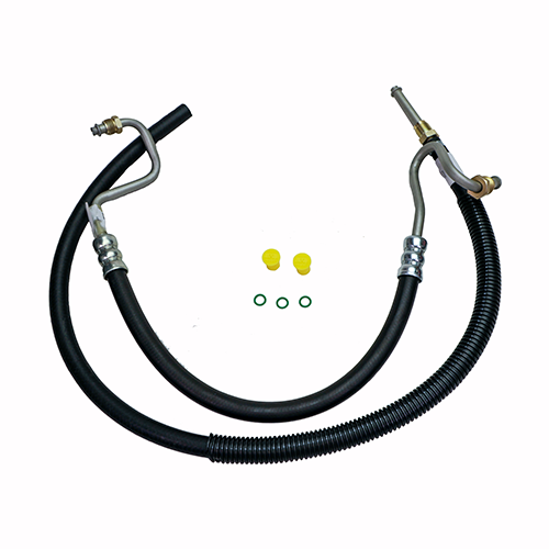 Black hydraulic hose with metal connectors and small yellow caps and green o-rings on a white background.