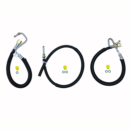 Set of three black hydraulic hose with metal connectors and small yellow caps and green o-rings on a white background.