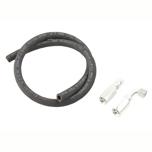 Black rubber hose with metal fittings on a white background.