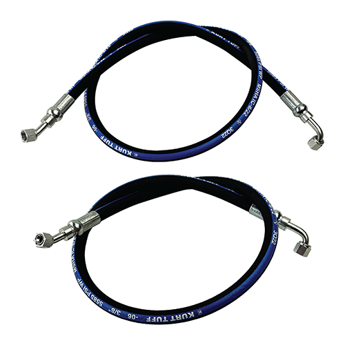 Two blue brake hoses with metal connectors on a white background